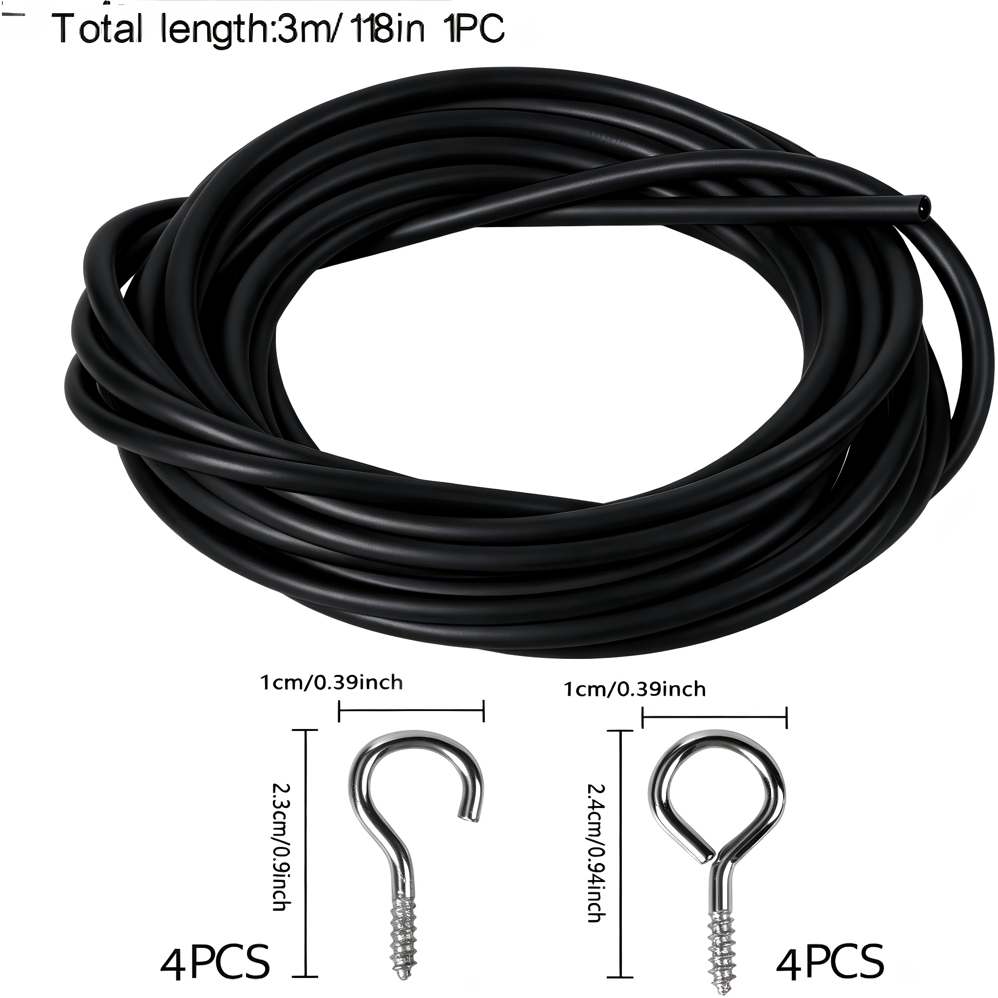 TEMU 3-meter Black Diy Curtain Cord Set, Pvc-coated Rope With 4 Hooks, Cuttable To Length, Suitable For Living Room, Bedroom, Kitchen, And Outdoor