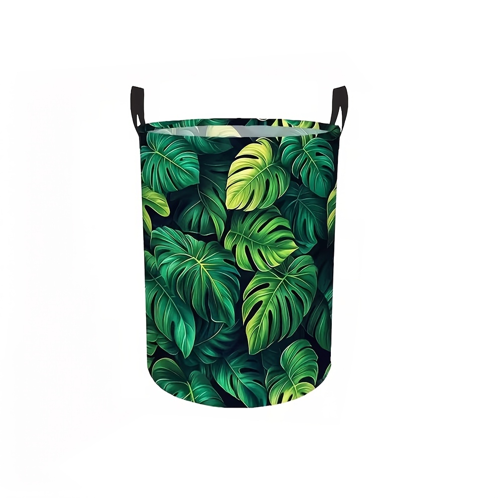 TEMU Panier à linge 1 pièce feuille de Monstera - Panier à vêtements rond pliable avec poignée robuste, rangement léger et rétractable adapté pour