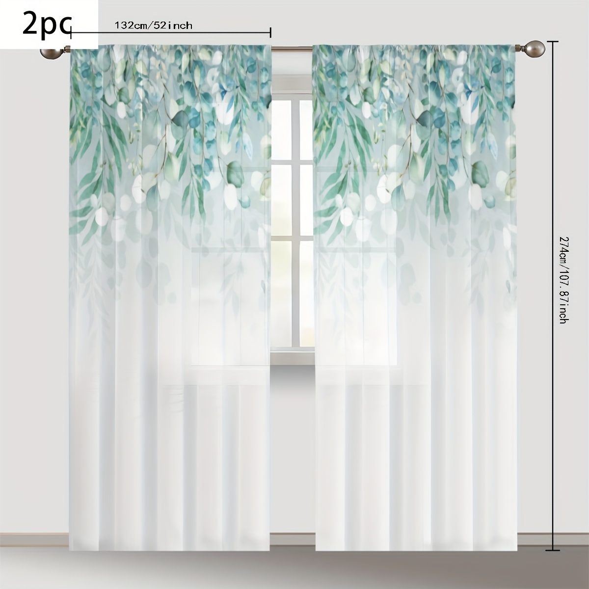 TEMU 2 pezzi a foglie con blu-verde, tessuto in poliestere traspirante, tasche per bastone per tende per decorazione di soggiorno e camera da letto,