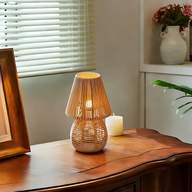 Creative Handmade Paper Rope Small Table Lamp, Modern Bedside Nightstand Lamp, Bedroom Living Room Small Table Lamp, Side Table Paper Rope Aesthetic Vintage Lamp with Three-Color Temperature Settings