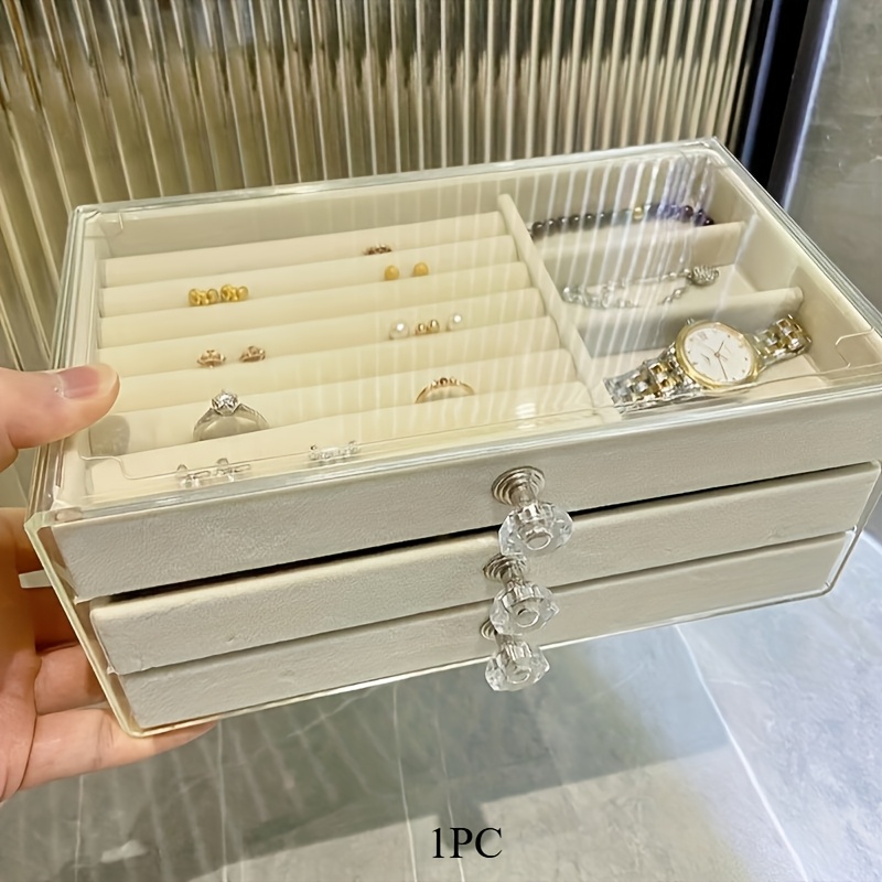 TEMU 1pc 3- Jewelry Organizer Box, -lined Storage For , , Necklaces - Rectangular Display Case, -, No Needed, Jewelry Boxes