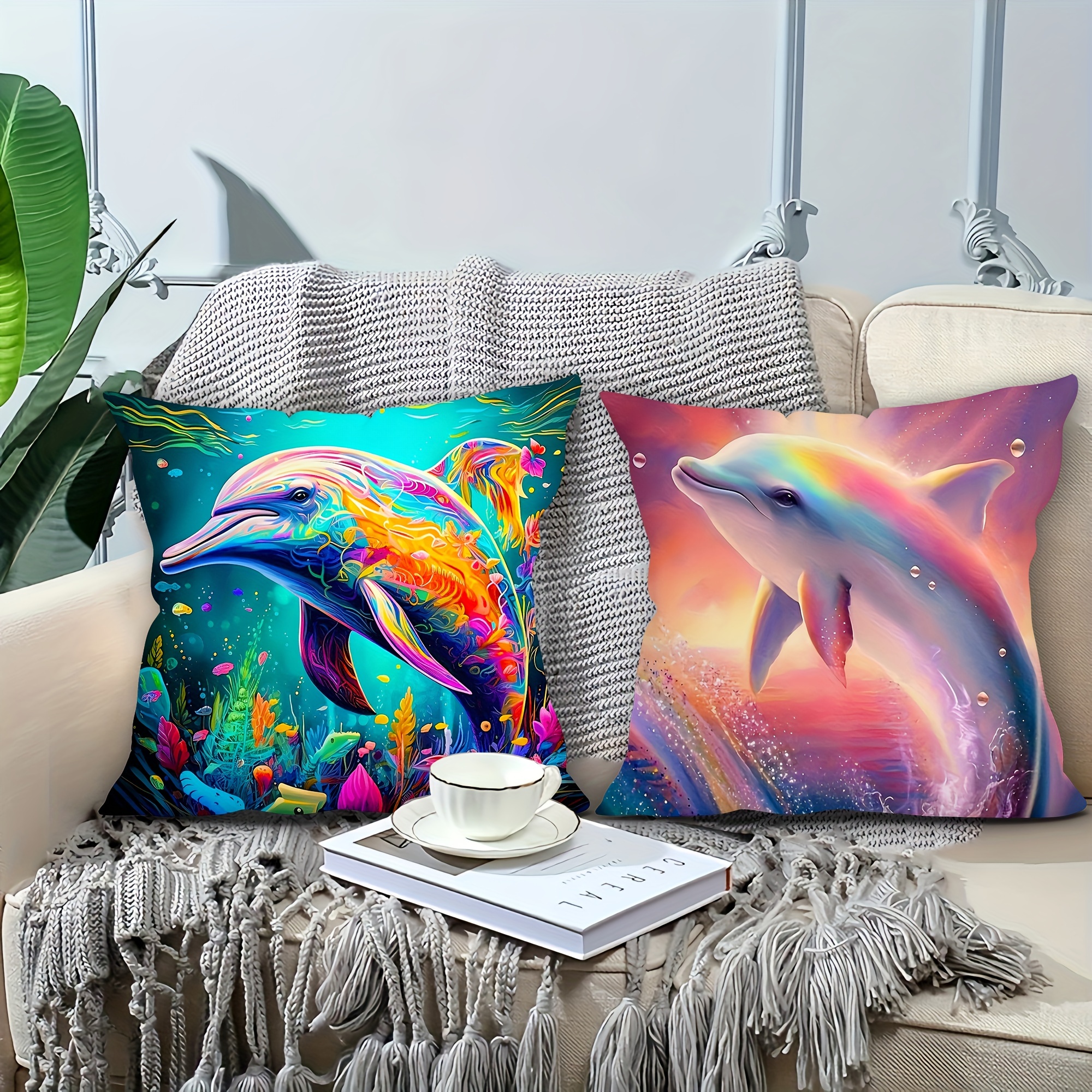 

2pcs, Short Plush Pillow Case Cute Colorful Dolphin Pattern Feels Very Soft 17.7*17.7 Inch Single Sided Print Without Pillow Core Room Decor Office Decor Home Decor Car Decor