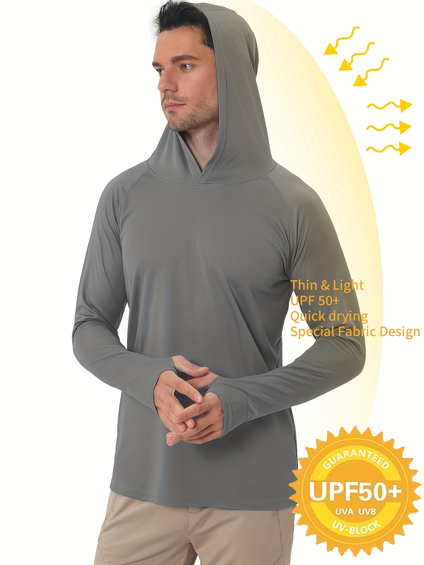 Men's UPF 50+ Sun Protection Hoodie - Lightweight Quick-Dry Polyester Long Sleeve Shirt with Rash Prevention, Breathable Stretch Fit for Outdoor Running, Fitness, Fishing & Cycling