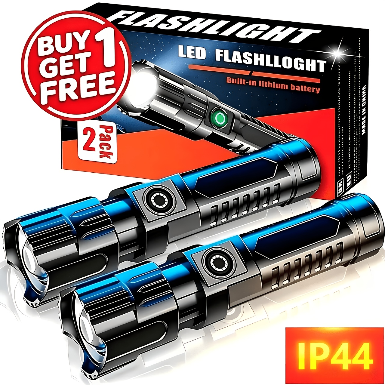 2 pack high brightness zoom portable handheld flashlight type c charging 3 lighting   suitable for outdoor sports camping hiking construction site lighting home emergencies and gifting ip44