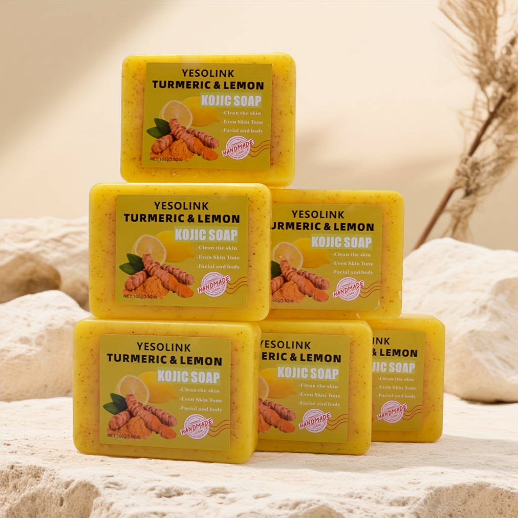 Image of 6pcs Matte Grain Lemon Turmeric Soap, Facial Cleansing Soap, Containing Coconut Oil And Glycerin, Rich Foam Moisturizing And Hydrating, Ideal Daily Necessities Gift, Foaming Net Gift