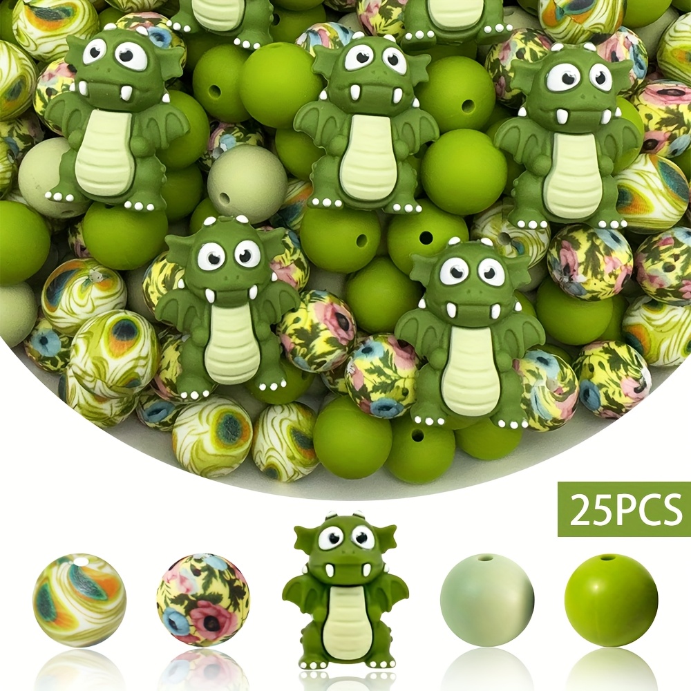 25pcs Green Dinosaur Silicone Bead Set, Ideal For , Bracelets, Keychains, And Crafts - Perfect Gift - Beads & Bead Assortments