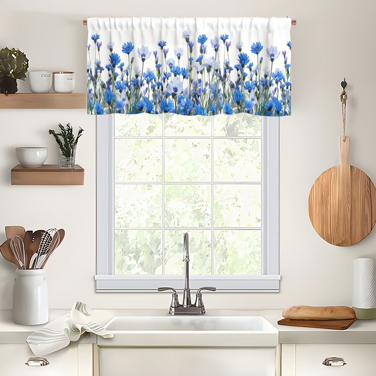 TEMU Blue Daisy Watercolor Kitchen Valance - Rod Pocket Top, Fabric, Decor For Home Partition, Study, Cafe, And Office, 1pc, Natural, Decorative