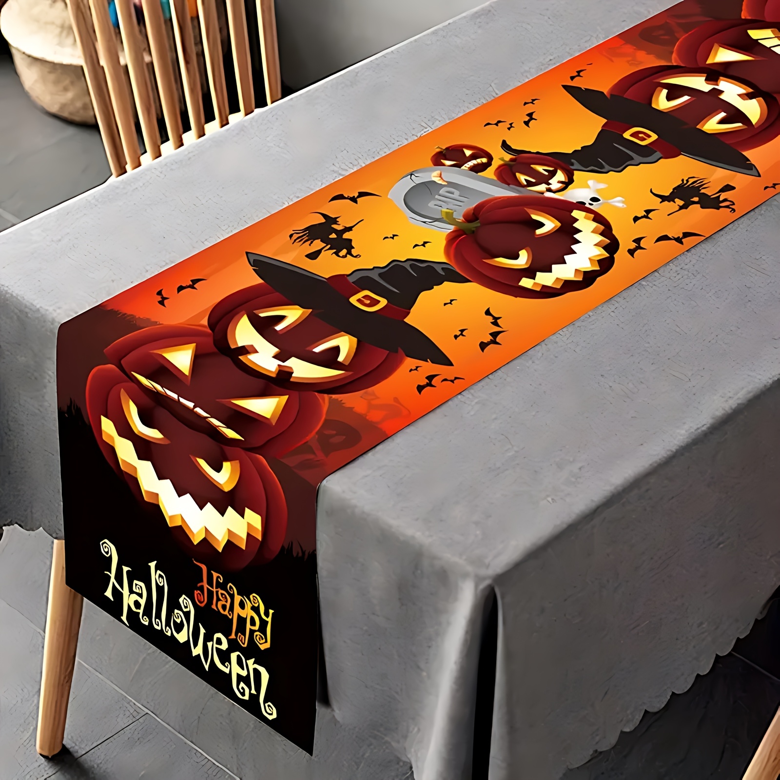 Image of 1pc Halloween Table Runner, Pumpkin And - 13x48/72 Inches Kitchen Dining Table Decoration, Indoor/outdoor Party Home Decor, Bat Themed Design, High-quality