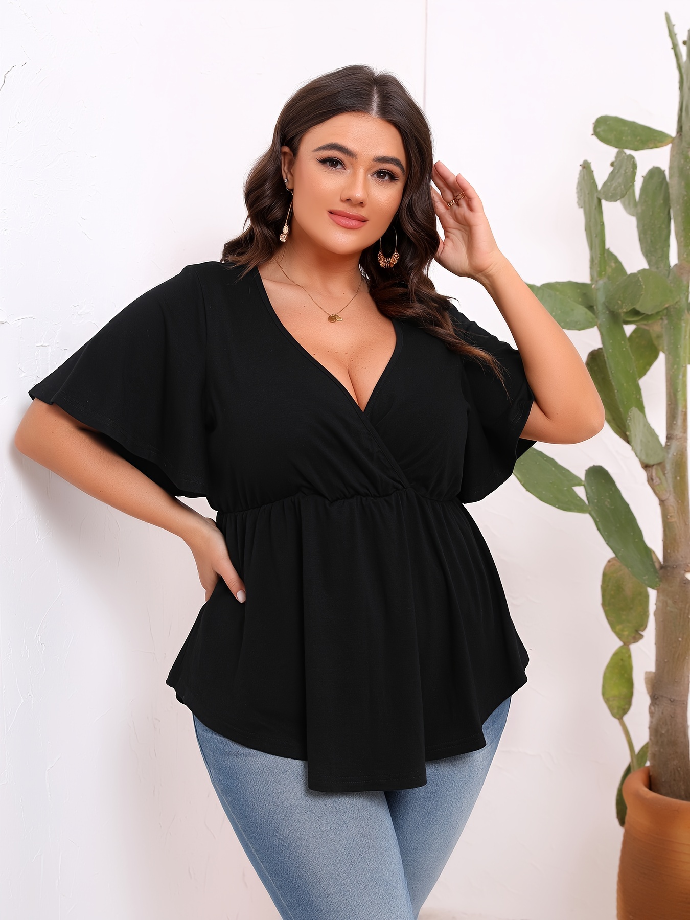 Plus Size Ruched Cinched Waist T-Shirt, Casual V Neck Short Sleeve T-Shirt,  Women's Plus Size Clothing
