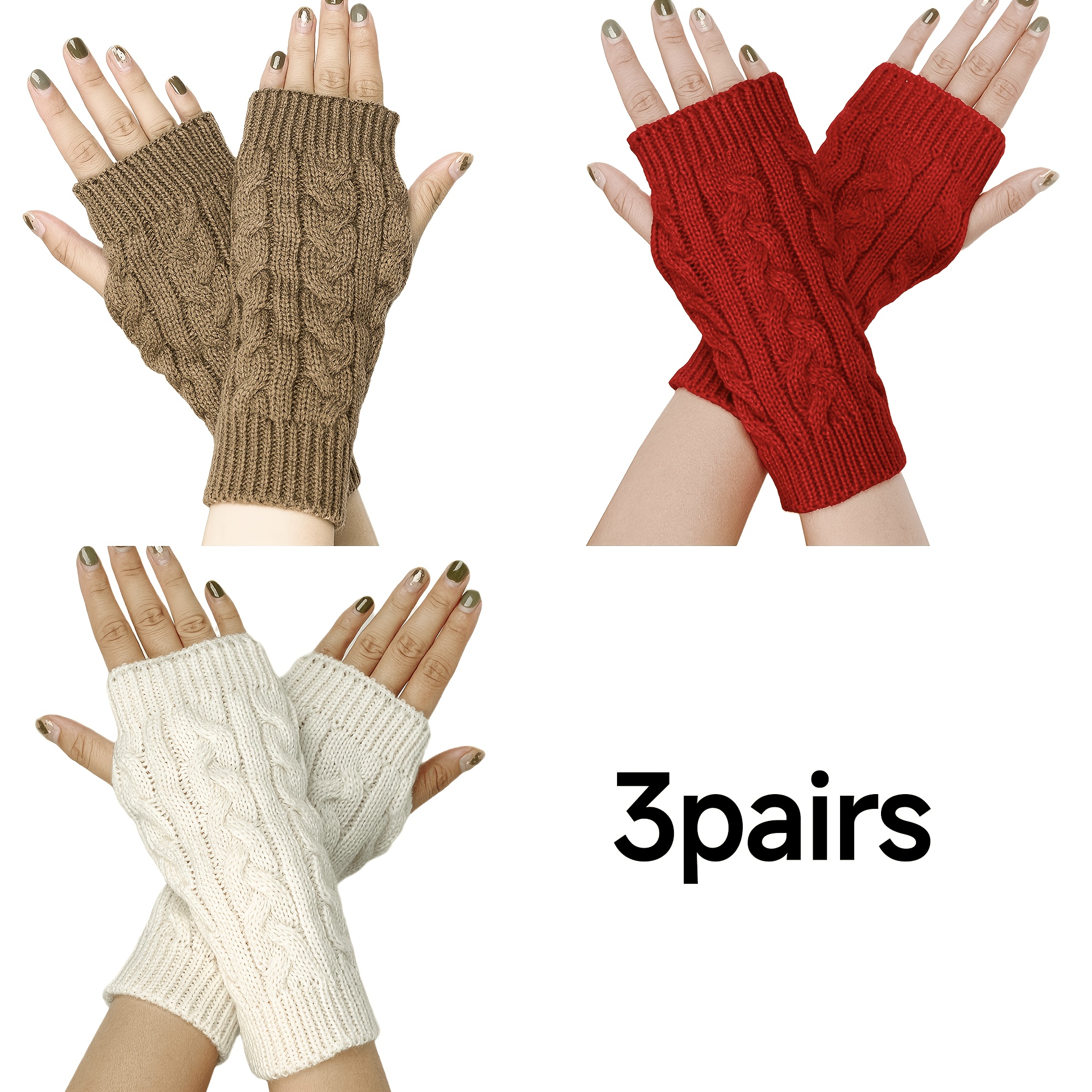 Three-Pair Set of Autumn/Winter Cable Fingerless Arm Warmers