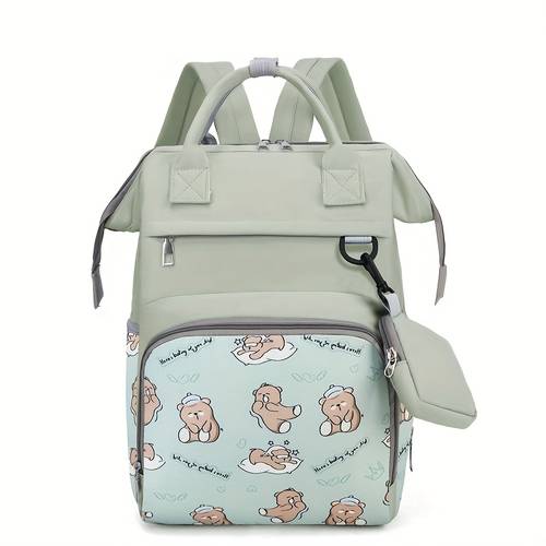 pink bear print diaper bag backpack with zipper closure insulated pockets durable soft shell school bag for travel work vacation cute cartoon design in grey pink travel essentials bag carrier design sturdy construction multifunctional carrier
