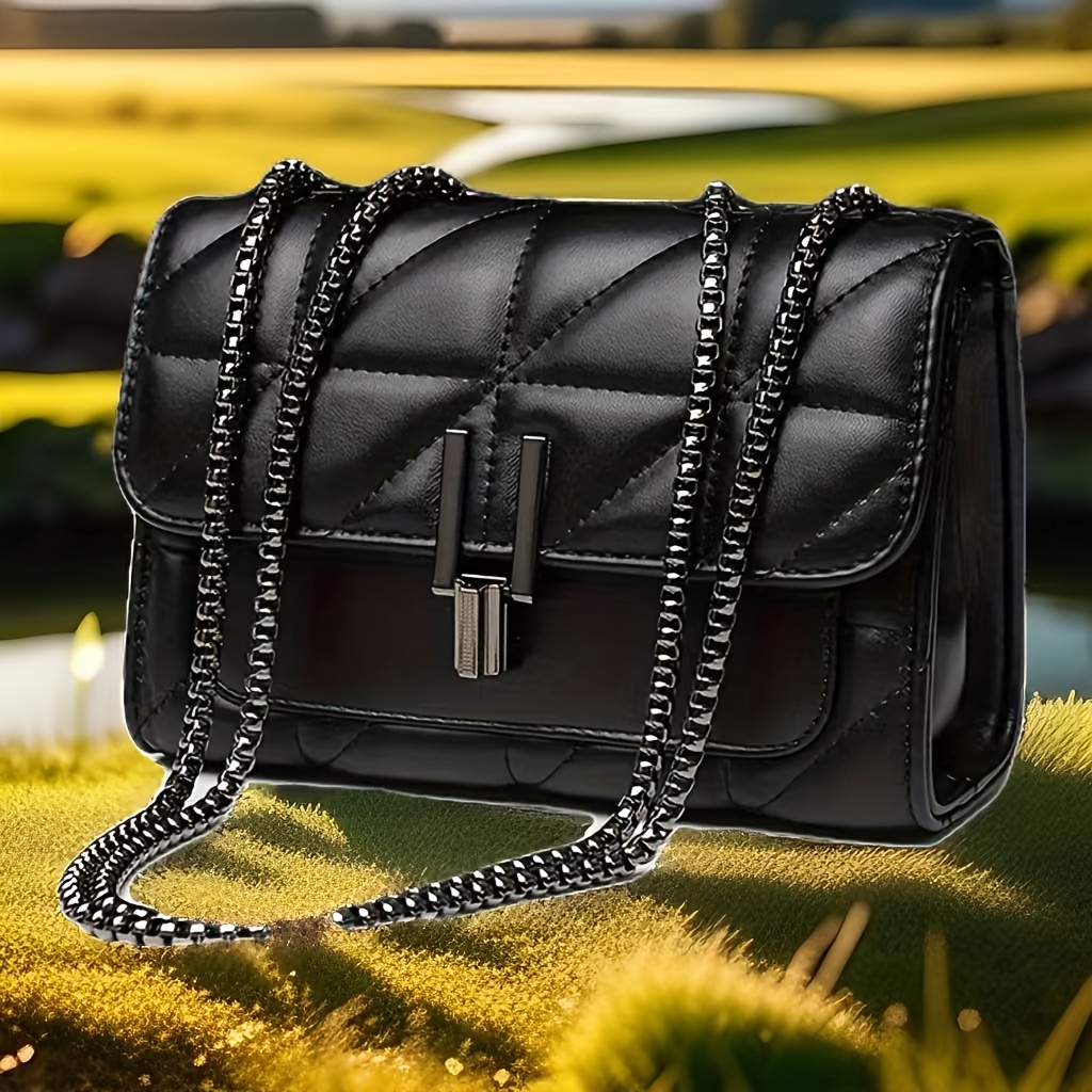 elegant black   leather shoulder bag with chain strap light luxury   pattern turn lock closure synthetic lining ideal for casual formal occasions casual shoulder bag   pattern bag durable zippers shoulder bag details 11