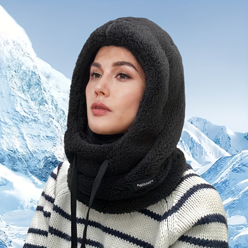 Women's Plush Winter Mask Hat & Scarf - One-Piece Face Cover with Adjustable Drawstring, Elastic Face for Skiing, Cycling, Outdoor Sports - Lightweight Warm Beige/White Hooded Neck Warmer (Hand Wash Only)