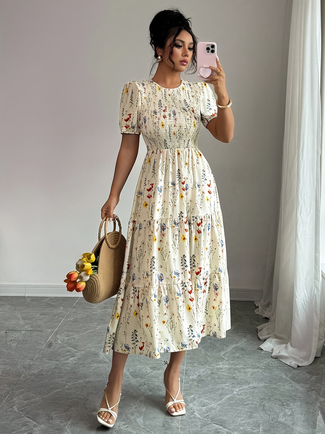 temu midi dresses 2026 Floral Print Vintage * Floral Vine Print Midi Dress, Round Neck Sleeveless Dress with Pockets *-Length, Versatile for Vacation, Casual, Daily Wear, Loose Fit,, Elegant Women's Dress