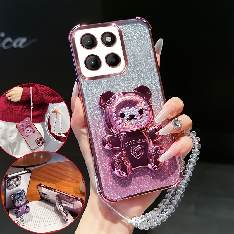 TEMU Phone Case: 3d Stand Case For Moto G15 4 Corner Shockproof Pad Phone Case With Cute Crystal Chain Lanyard Glitter Transparent Tpu Shell For Moto