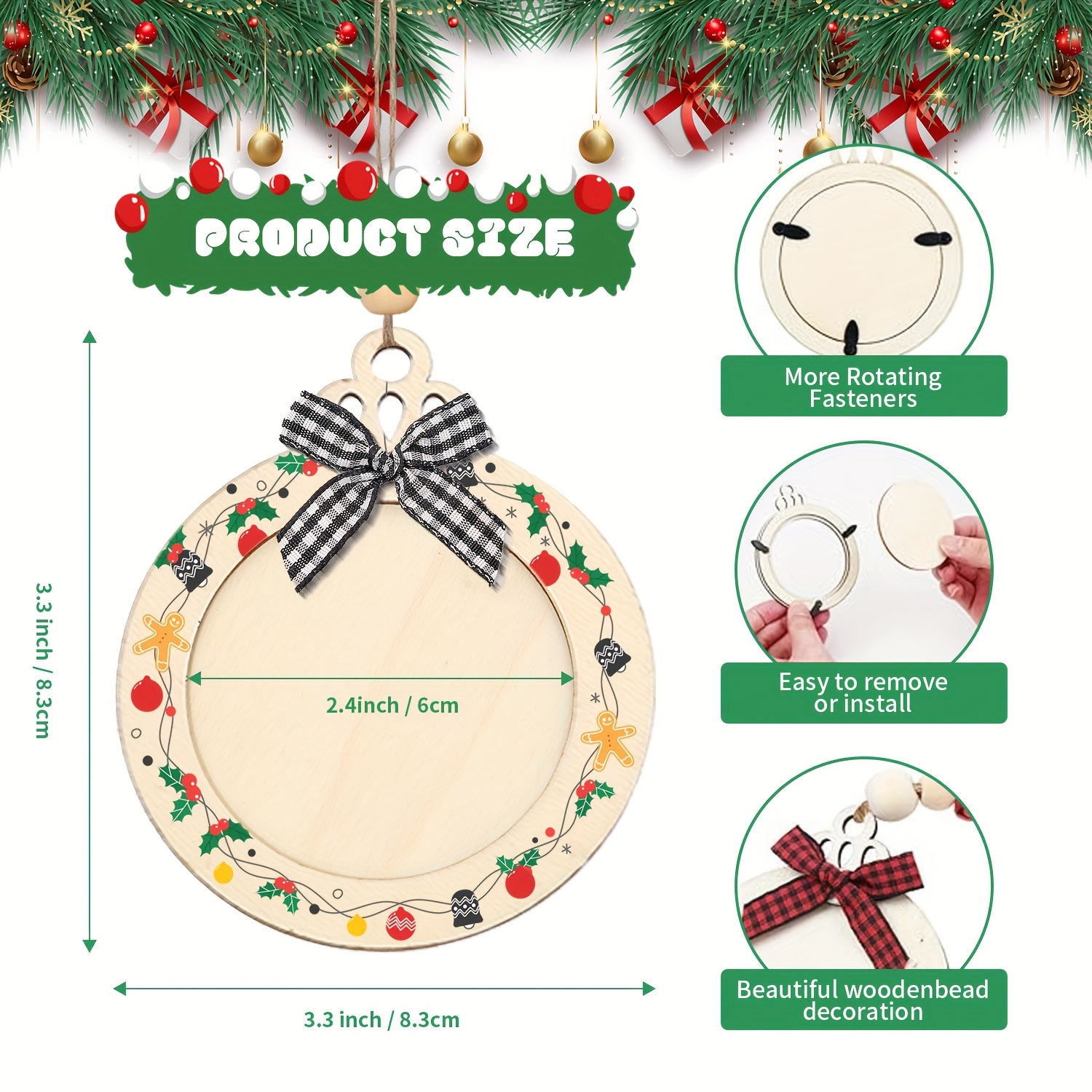 OurWarm 24Pcs DIY Christmas Picture Frame Ornaments – Wood Photo Ornaments With Rope For Tree, Personalized Xmas Decor