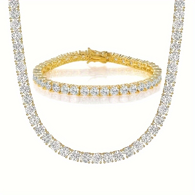 

Tennis Necklace Bracelet Set 18k Gold Plated 5mm Round Cubic Zirconia Cut Faux Diamond Tennis Chain For Men