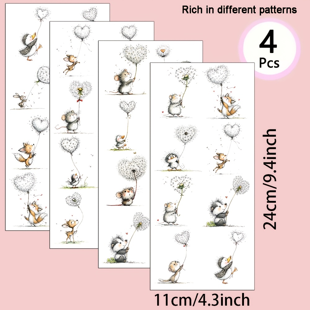 E-shop 4er-Set Tiere Löwenzahn Aquarell Motiv UV Transfer - für Bastelarbeiten, Tassen, Laptops & Wasserflaschen, Selbstklebendes Plastik,