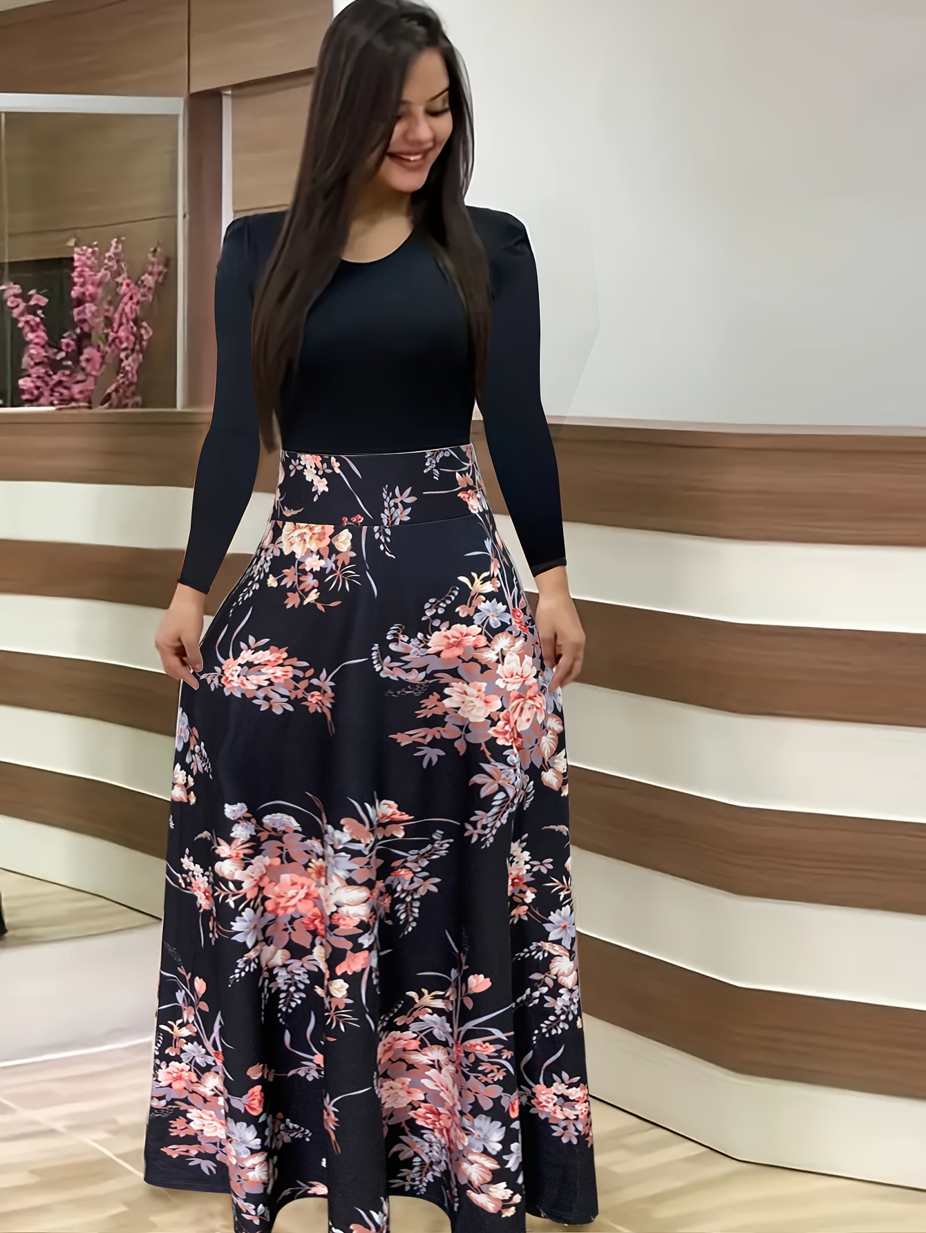 Autumn And Winter Directional Printed * Long-Sleeve Dress, Elegant And  Stylish, Comfortable Round Neck, Long-Sleeve Dress for Spring And Summer  with a Waist-Cinching Design, a Popular Women'S *