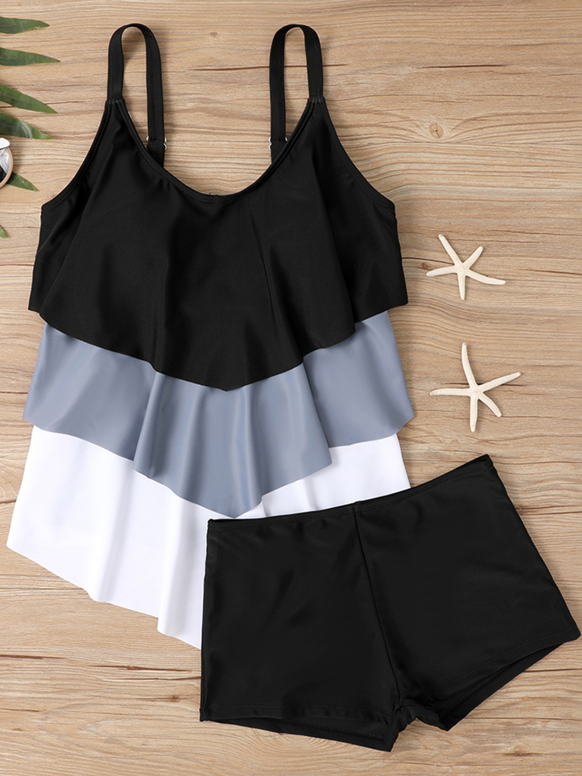 V Tiered Black Tankini Top