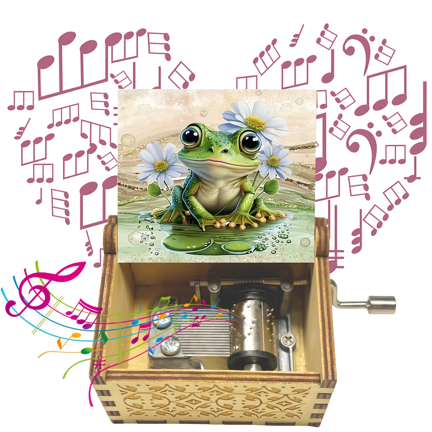 Vintage Wooden Frog Crank Music Box With Whimsical Frog & Daisy Design – Hand-cranked Musical Gift For Birthdays, Anniversaries, Holidays, Valentine’s Day, Weddings, And Home Decor, Frog Decor
