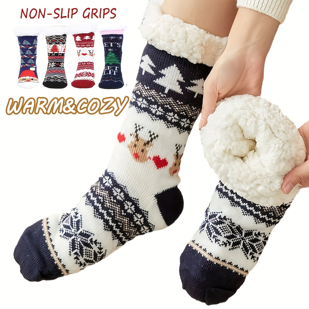 

Women's Winter Cartoon Pattern Fleece-lined Acrylic Socks, Soft Plush Fuzzy Sleep With Non-slip Grips, Hand Wash Only, Warm Fluffy Sock For Indoor Use, Christmas Gift Idea