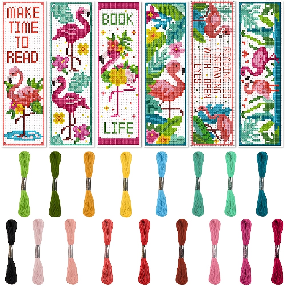 TEMU 6pcs Flamingo-themed Bookmark Cross- Kit - Floral And Animal Pattern Cross- Craft - Includes 6pcss Printed Cross- Cloth, Threads