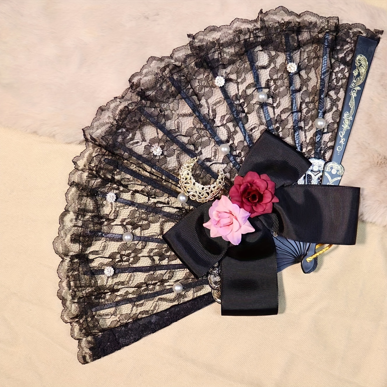 Lace Handheld Fan Gorgeous European Style Rose Folding Fan For Party Show Cosplay Props Photo Props details 6