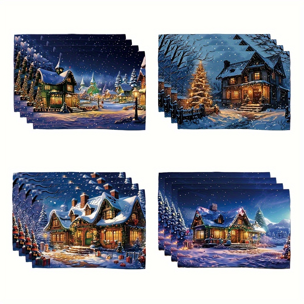 

Christmas Village Placemats Set Of 4 - Polyester Woven Square Table Mats, Machine Washable, Festive Seasonal Farmhouse Dining Room Decor