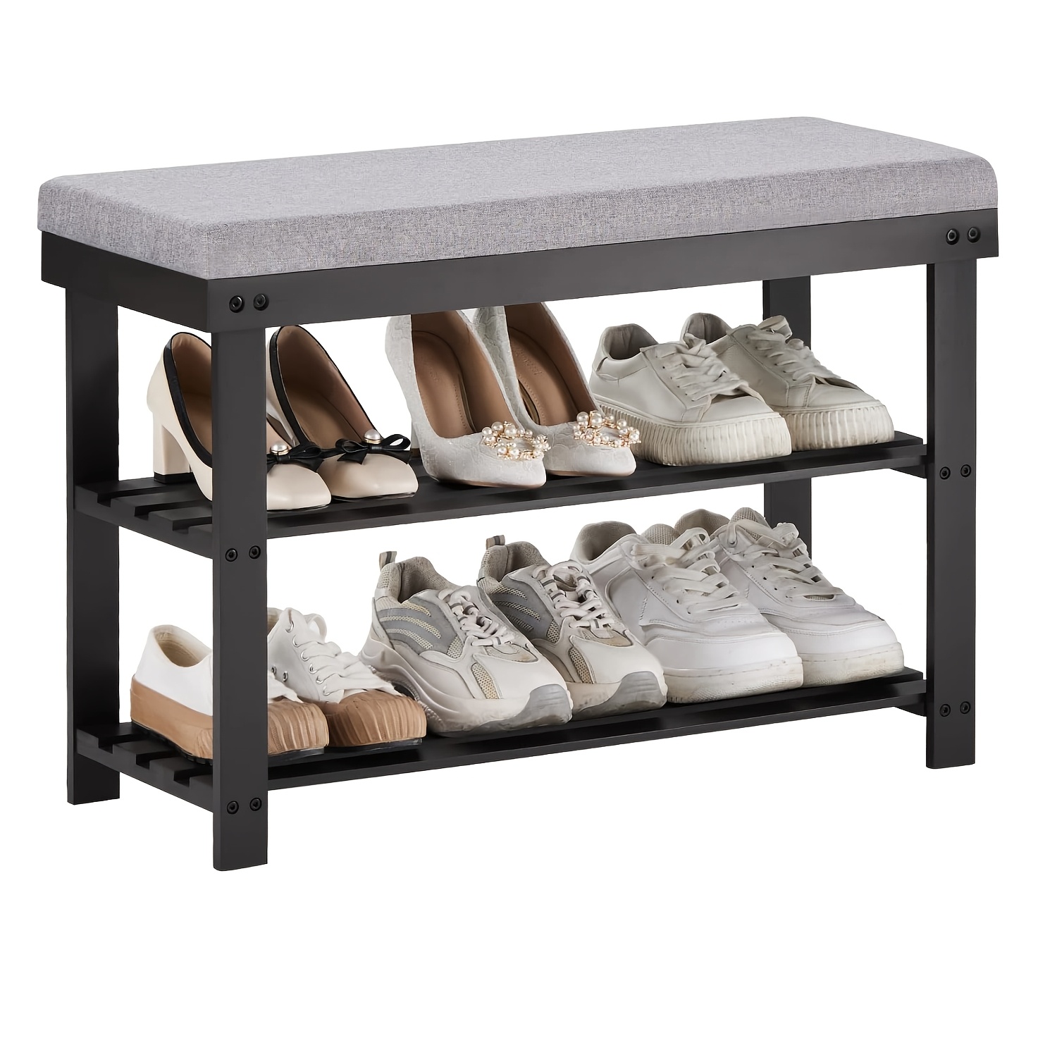 Image of Amopatio Bamboo Storage Bench With Cushioned Seat - Moisture-resistant Contemporary Padded Stool, Hidden Shoe Cabinet For Hallway, Bathroom, Bedroom, Balcony & Kitchen - Space- Furniture Suitable For