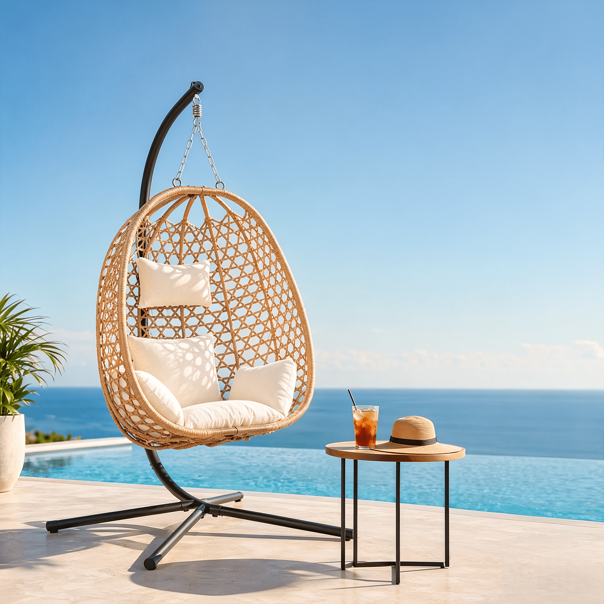 Outdoor Hanging Chair, Egg Chair With Stand And Cushion, Rattan Single Hanging Chair, Suitable For Outdoor Patio, Balcony, Porch, Lawn, Apricot Outdoor Hanging Chair