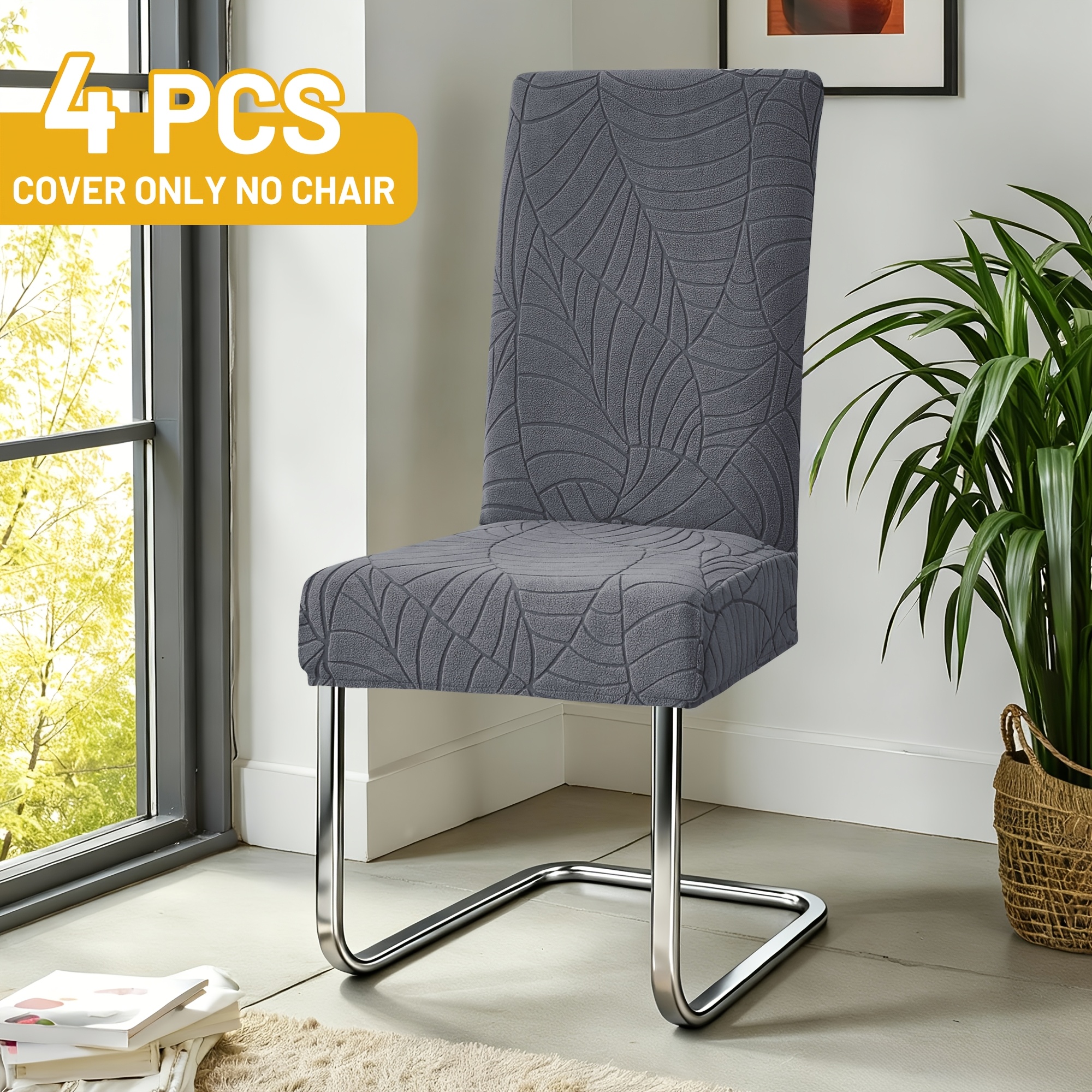 TEMU 4/6pcs Leaf Jacquard Stretch Polar Fleece Chair Covers | , Elastic-band Closure, Polyester And Elastane, Machine Washable For Hotel And