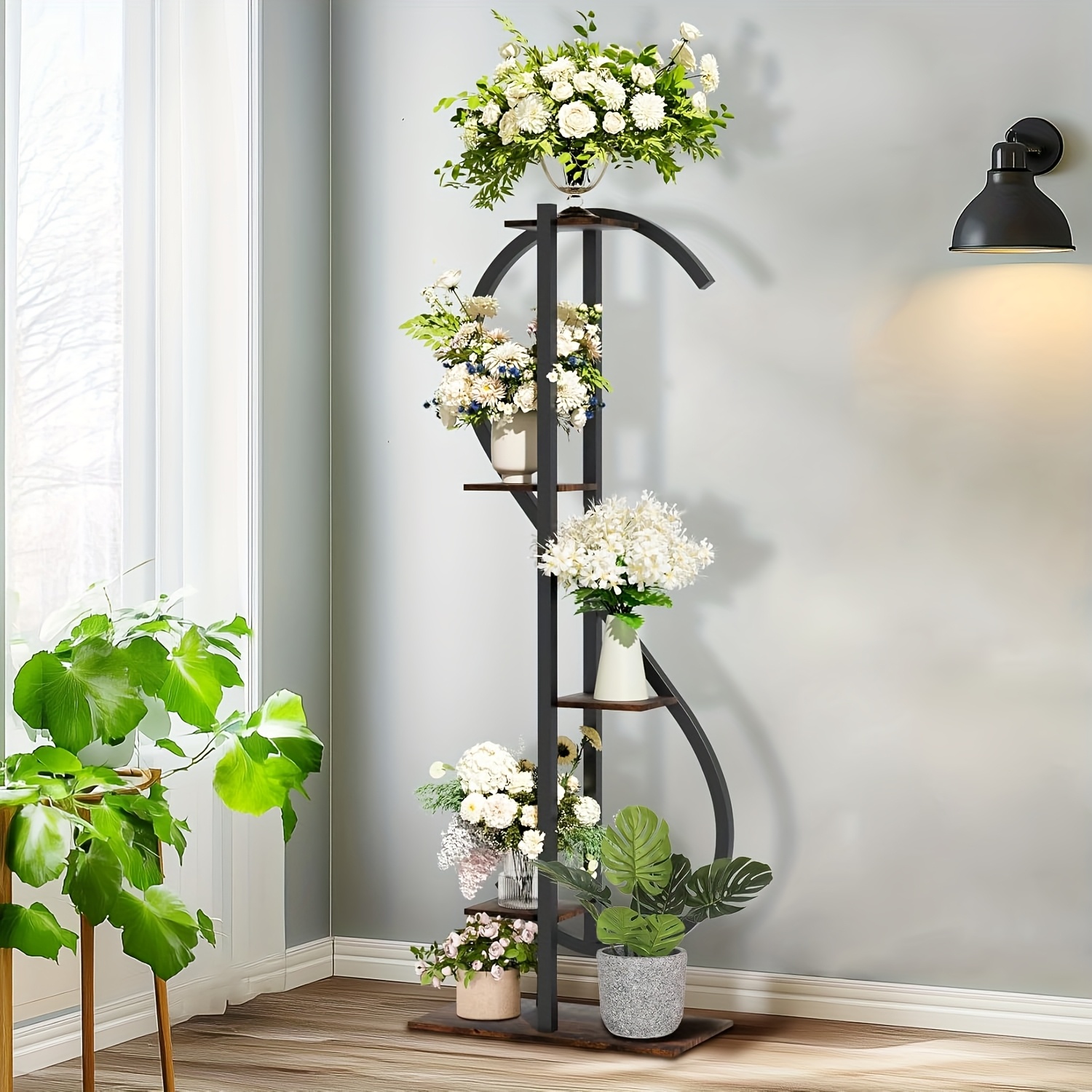 Image of 5-tiered Metal Plant Stand: A Corner Display Shelf For Plants, Ideal For Patios, Gardens, Living Rooms, , And Bedrooms In Black And Brown