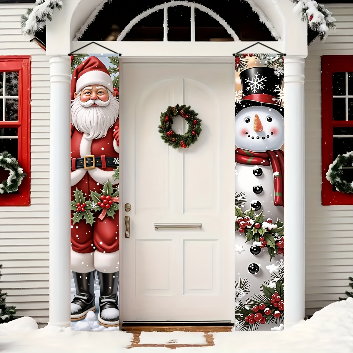 TEMU Bannière de porte 2D plate, bannière de fête 2D, 2 pièces, bannière de décoration Noël avec drapeau de porte suspendu Père Noël et de neige
