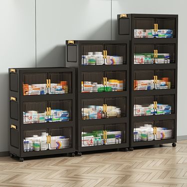 Czarna składana szafka z kółkami, wielopoziomowy wózek z plastikowymi pojemnikami do przechowywania do domu, do łazienki, wytrzymała mobilna jednostka magazynowa z składanymi panelami, układany trwały pojemnik do przechowywania do salonu, sypialni lub jako szafka na leki