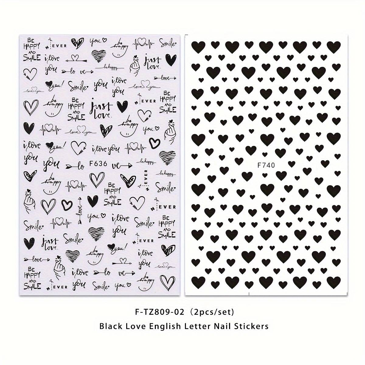 2 Sets Of Hand-painted Black Heart-shaped English Letter Nail Stickers, Disposable Self-adhesive Decoration Tools, 3d Flat Valentine's Day Love Atmosphere, Back Adhesive Nail Decoration Additions