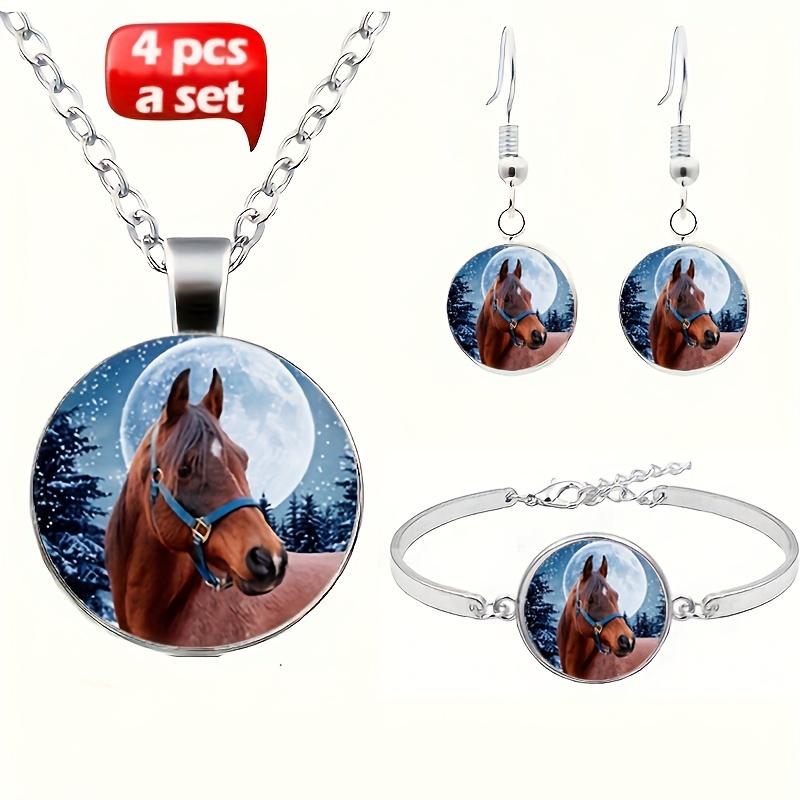 

4pcs/set Fashion Jewelry Set For Men, Horse Picture Glass Necklace & Stud Earrings & Bracelet Bangle Set, Party Accessories