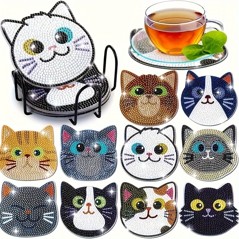 

Ensemble de 10 sous-verres en peinture diamant - Kit de peinture diamant sur le thème des chats, kit de bricolage artistique pour débutants