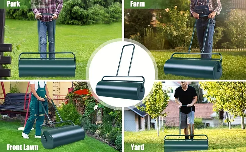 1pc heavy duty 24 x13 lawn roller 13 gallon steel push pull sod roller green metal garden roller for soil grass sod flattening durable garden tool for landscaping and leveling details 0