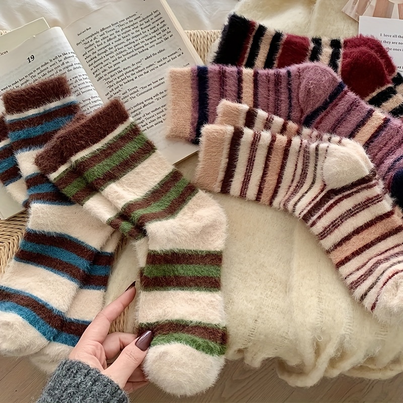 Striped Fuzzy Socks Comfy Warm Tube Socks Women's - Temu Australia