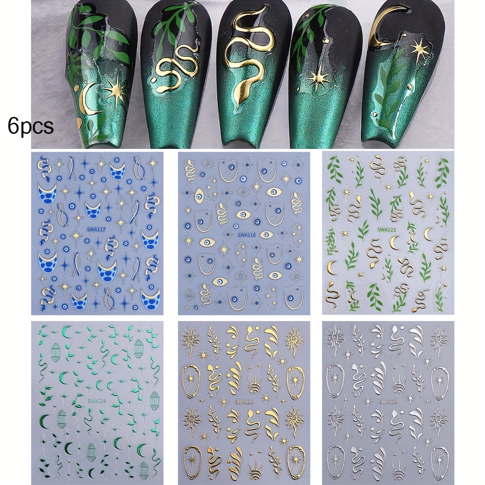 6 Sheet Metallic Leaves Snakes 3d Nail Art Stickers Star Moon Evil's Eyes Golden Silvery Chrome Nail Decals Diy