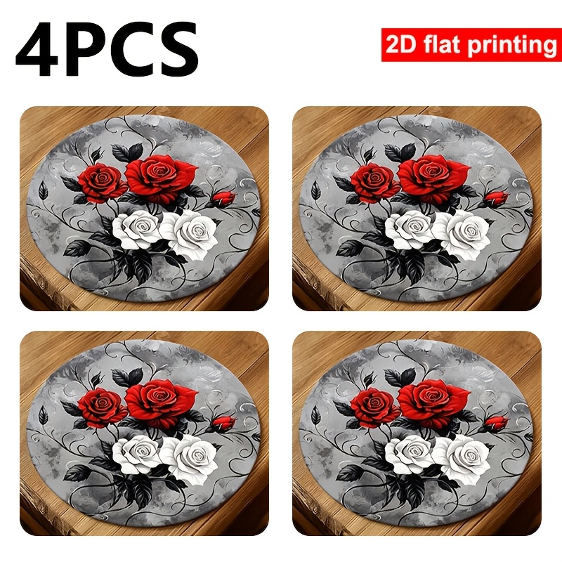 4pcs Red And White Rose Scroll Leaf Pattern 2d Flat Printed Placemats, Suitable For Restaurants, Kitchens, Or Bars, 2d Flat Design