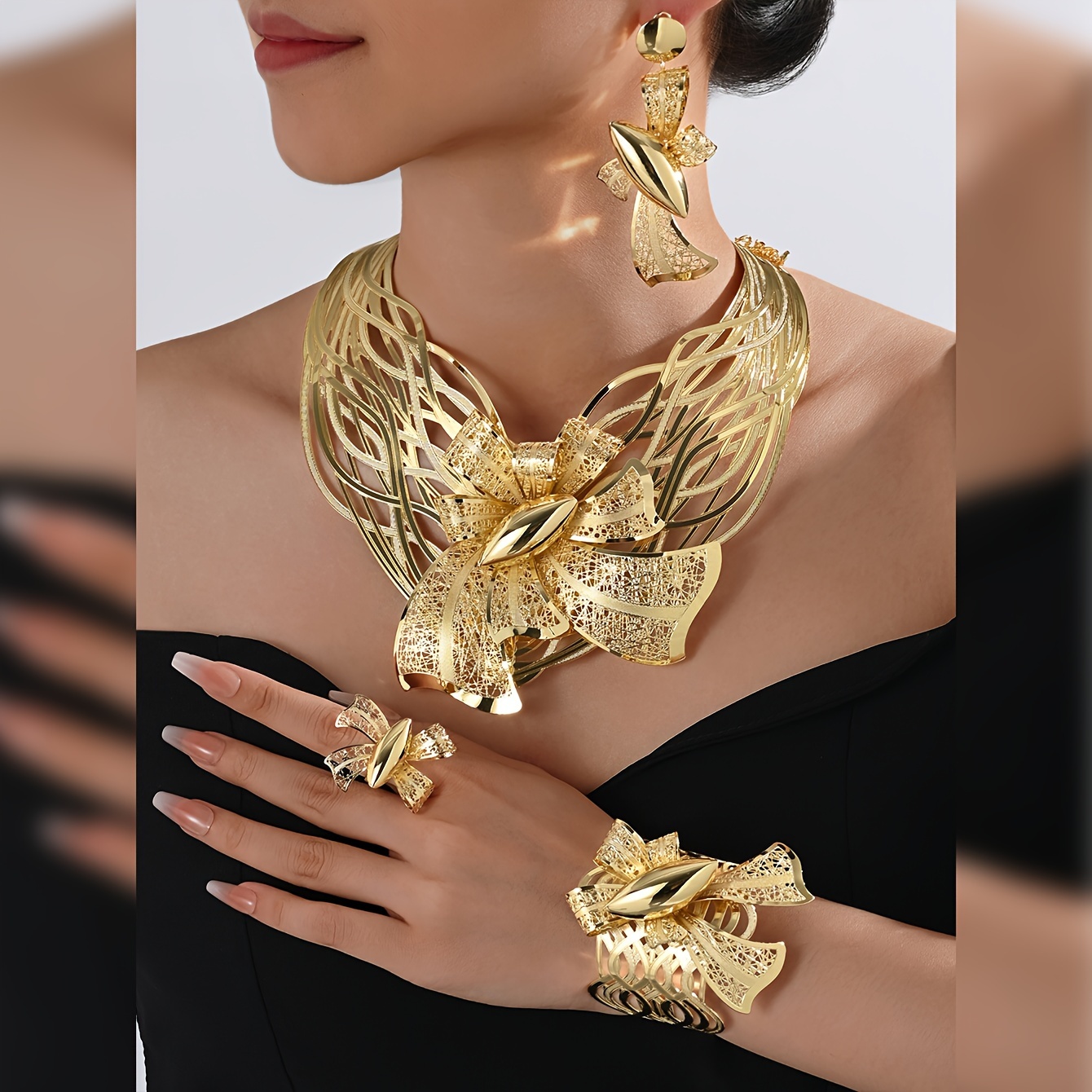 

4pcs Luxurious 18k Gold-plated Brass Jewelry Set - Exaggerated Necklace, Earrings, Bangle, And Ring For Women - Parties, Banquets, And Weddings