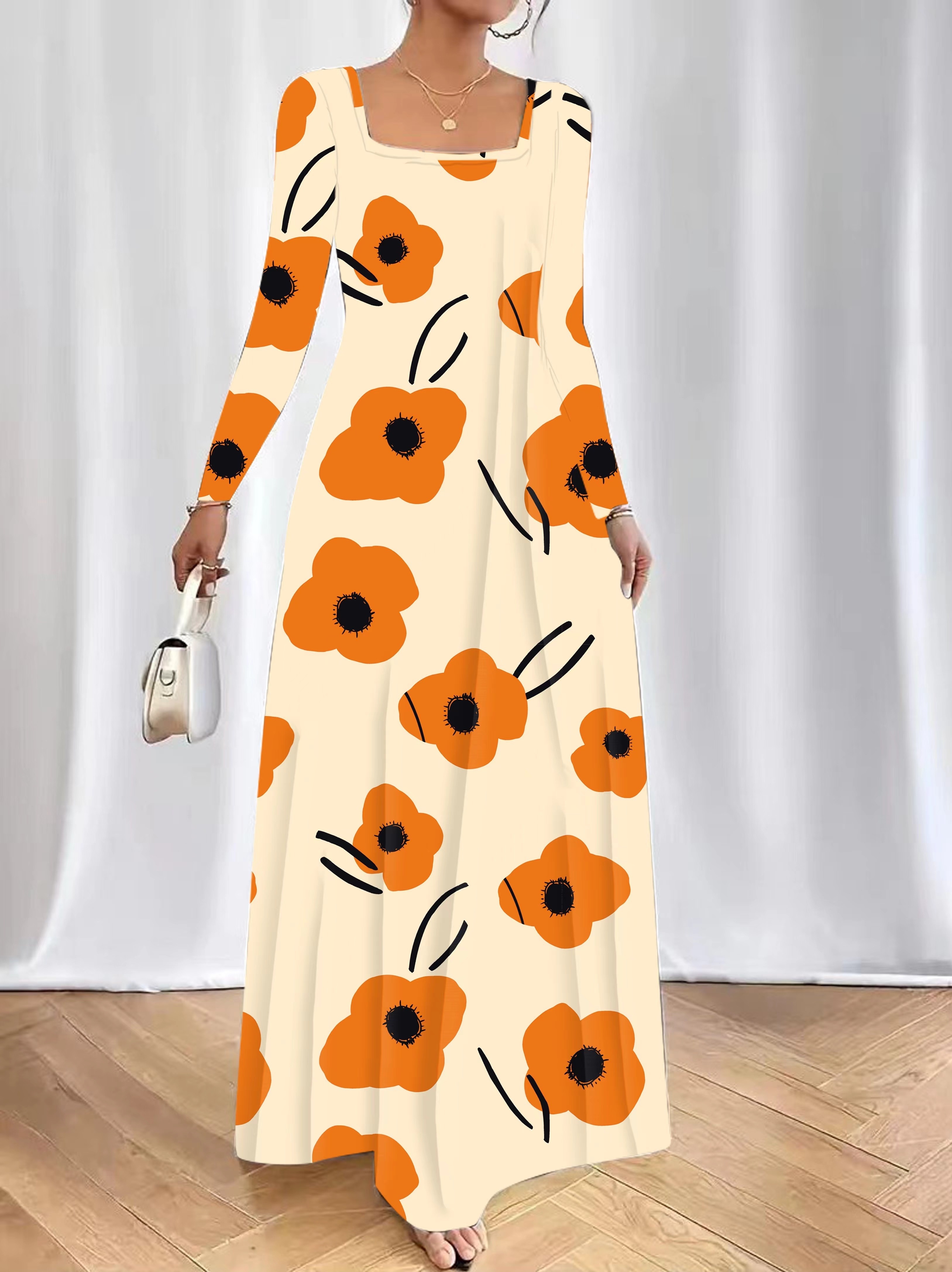 chinese dress ladies Long Sleeve Square Neck Fit & Flare Midi Dress main image 1