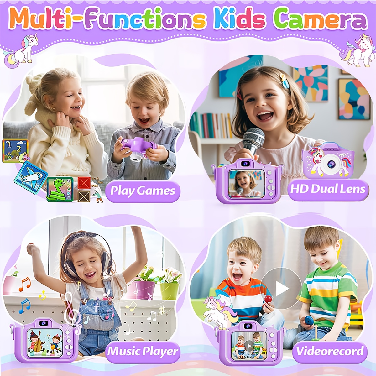 Kids Camera with 1080P HD Video, 48MP, 5 Games, USB Rechargeable Battery, 2