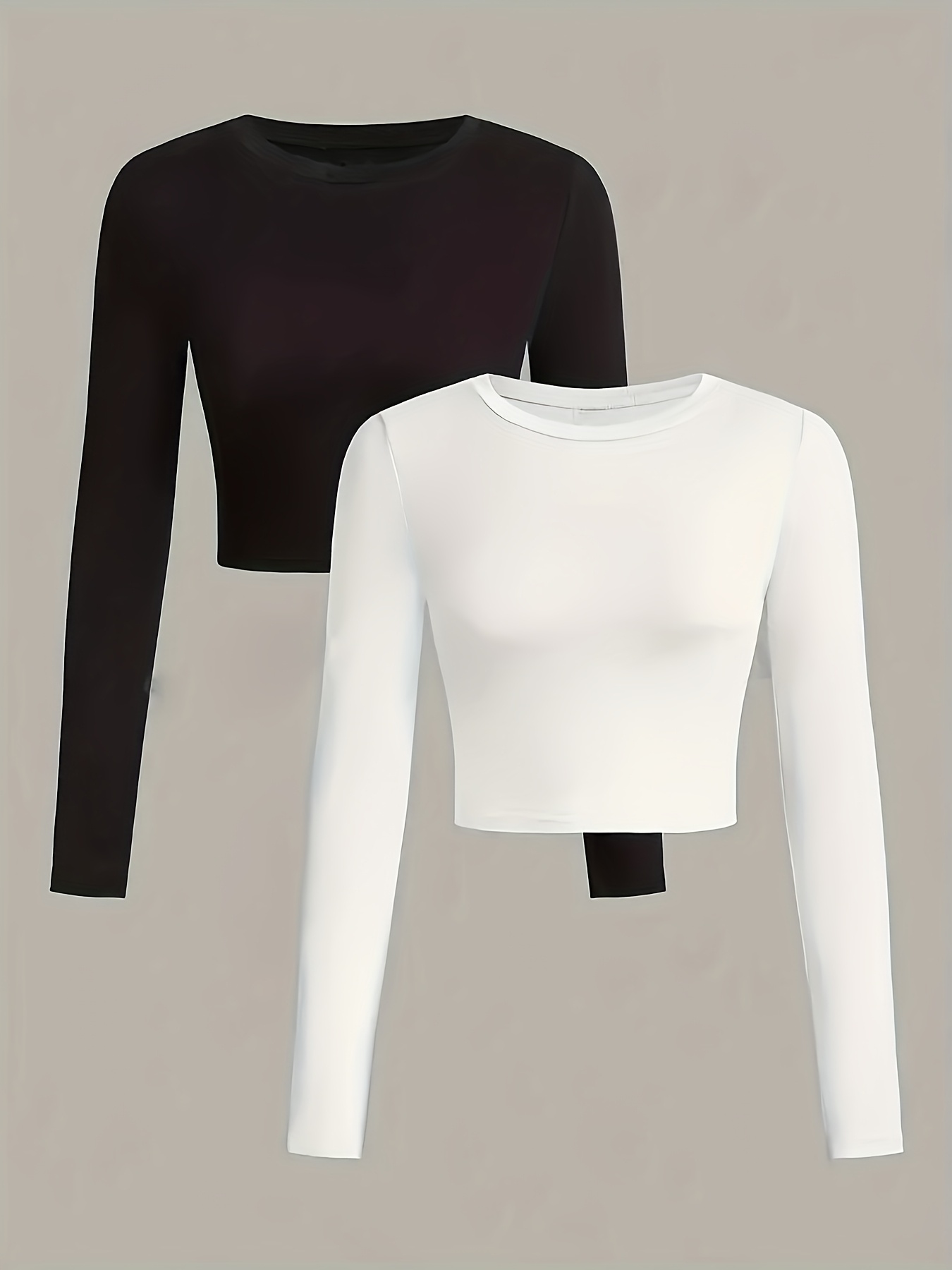 2pcs set womens fashion solid color round neck   fit elastic long sleeve t shirt spring and summer casual short sleeve t shirt commuting base shirt suitable for   womens clothing machine washable