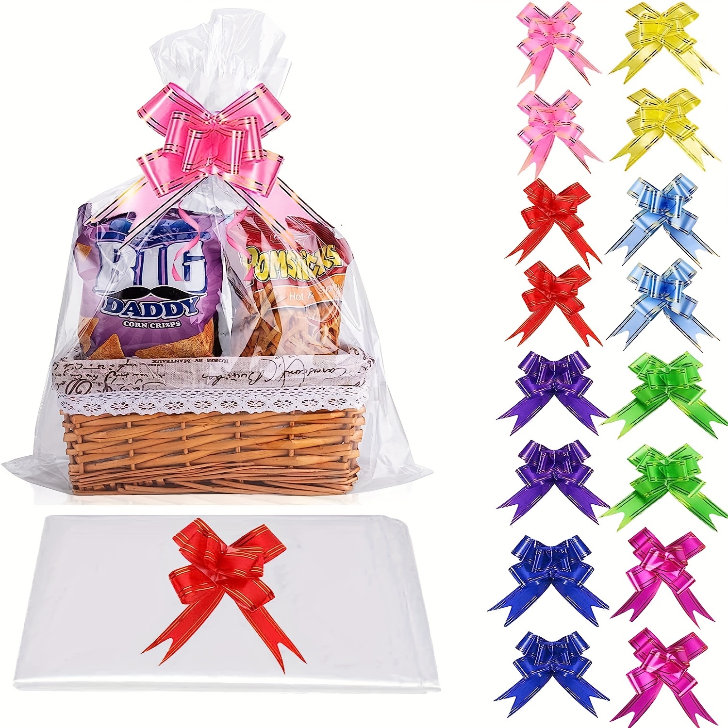 

16pcs/set Large Jumbo Cellophane Bags For Gift Basket, Large Cellophane Wrap Bags Basket Packaging Bags With 16pcs Bows For Mother's Day Gift Packages Fruit Basket, 40 X 28 Inch
