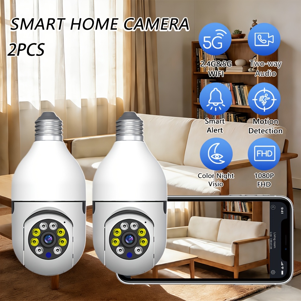 TEMU Lot de 2 caméras de sécurité fil d'intérieur avec vue à 355°, suivi humain, WiFi double bande (2,4G/5G), vision , audio bidirectionnel, stockage