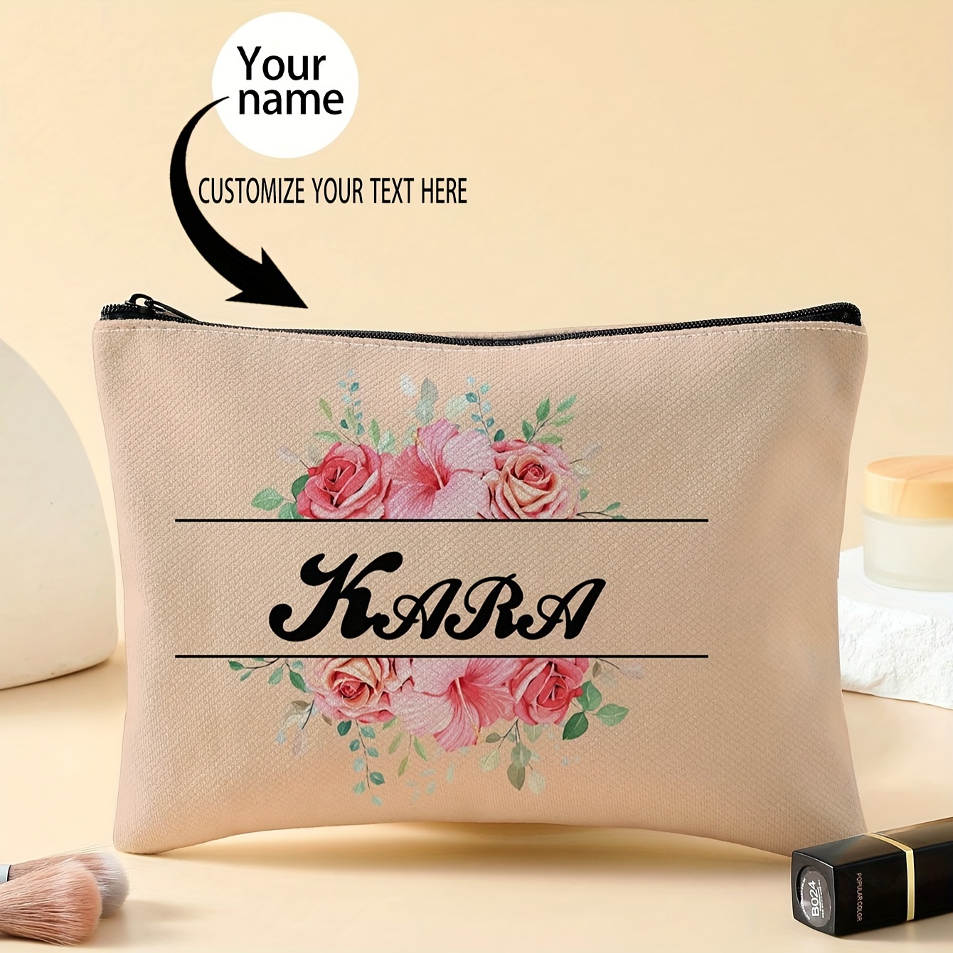 

1pc Personalized Floral Cosmetic Bag - Custom Name Polyester Makeup Pouch With Zipper Closure - Ideal Gift For Women, Travel Accessory, Unscented