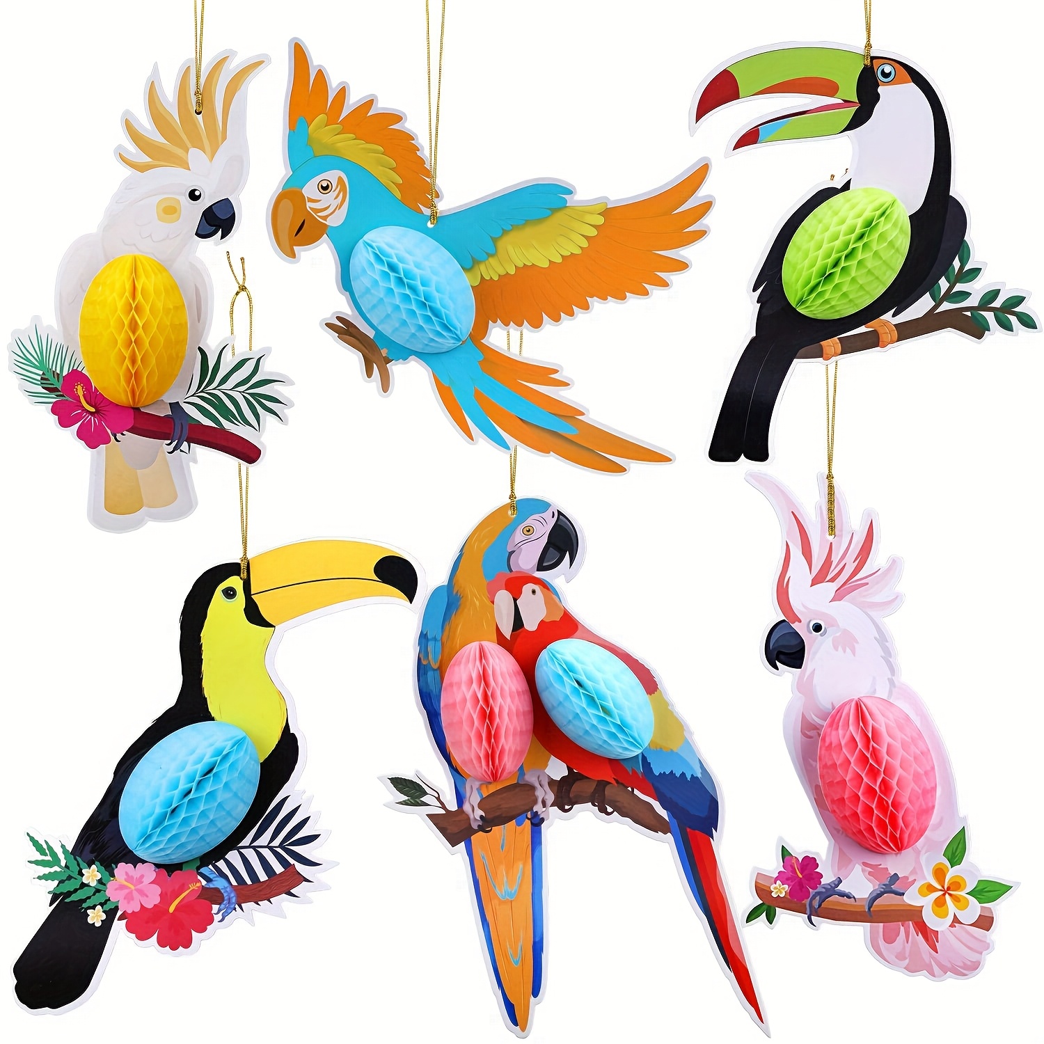 E-shop 6 Stück tropische Papageien-Hängeornamente - Lebhafte Sommer-Vogel-Dekorationen aus Papier, für Hochzeiten, Geburtstage und Partys, kein